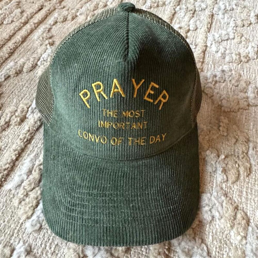 Jenessa Wait Prayer Hat Green Corduroy Trucker Cap Faith Gold Embroidery